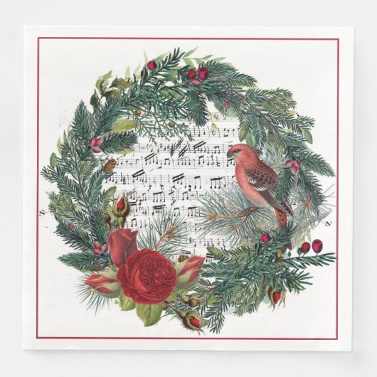 Serviette En Papier Couronne de Noël avec Roses et Grosebeak (Devant)