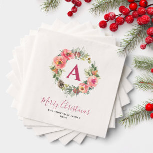 Serviette En Papier Couronne de Noël Fleurs Roses Monogramme Rouge Fêt
