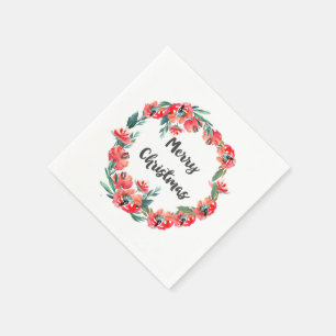 Serviette En Papier Couronne de Noël florale rouge aquarelle Joyeux No