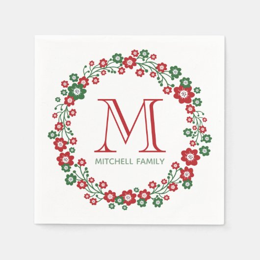 Serviette En Papier Couronne de Noël florale scandinave Monogramme (Devant)
