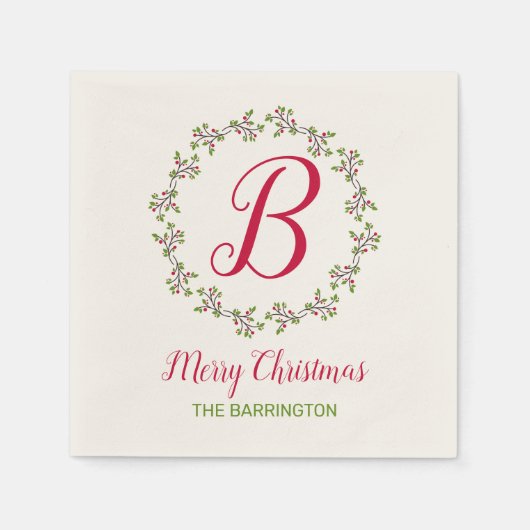 Serviette En Papier Couronne de Noël Monogramme avec feuilles et baies (Devant)