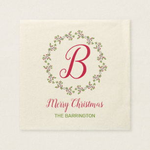 Serviette En Papier Couronne de Noël Monogramme avec feuilles et baies