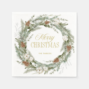Serviette En Papier Couronne de pin élégante et verdure   Joyeux Noël