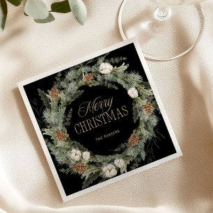 Serviette En Papier Couronne de pin élégante Verdure Noir Joyeux Noël