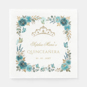 Serviette En Papier Couronne de Teal papillon floral Quinceañera