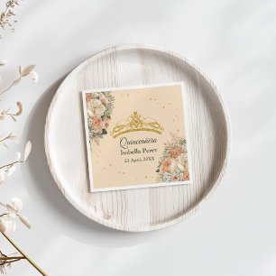 Serviette En Papier Couronne dorée et Fleurs Douces Peach Quinceanera 