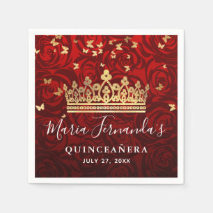 Serviette En Papier Couronne élégante noire rose or rouge Quinceanera