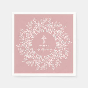 Serviette En Papier Couronne et croix élégantes Baptême fille rose