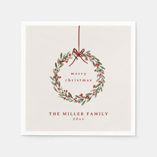 Serviette En Papier Couronne feuillage de Noël avec arc rouge (Devant)