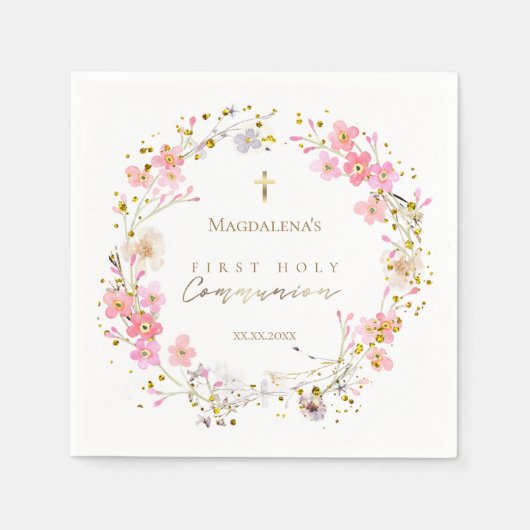 Serviette En Papier couronne fleurie Première communion sainte (Devant)
