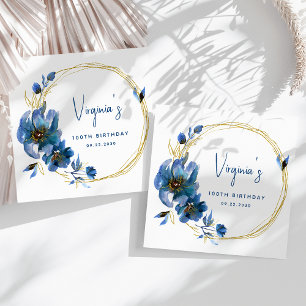 Serviette En Papier Couronne florale aquarelle bleue pour 100e anniver