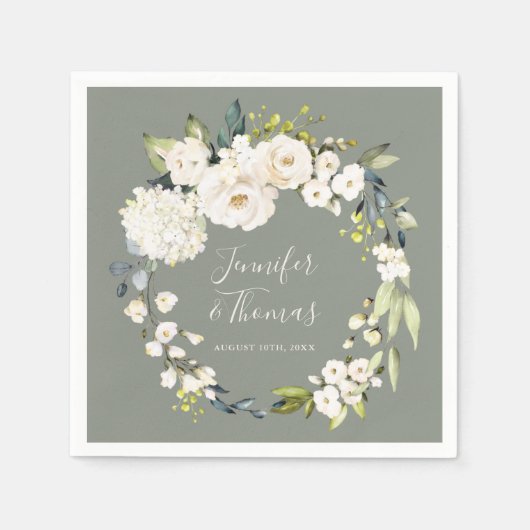 Serviette En Papier Couronne florale d'aquarelle blanche sur Sage Gree (Devant)