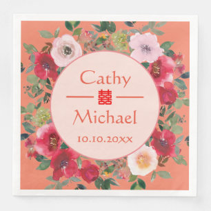 Serviette En Papier Couronne florale de cercle orange mariage chinois