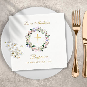 Serviette En Papier Couronne florale de lavande dorée pour baptême
