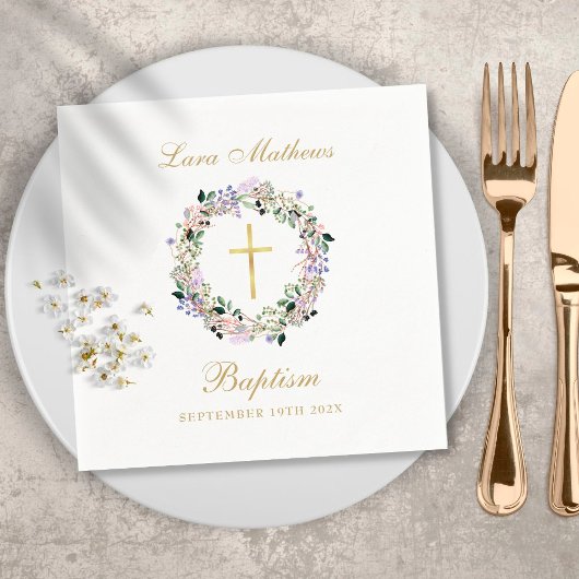 Serviette En Papier Couronne florale de lavande or baptême baptême
