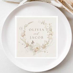Serviette En Papier Couronne Florale Élégante Vintage Mariage Crème
