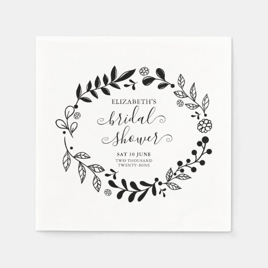 Serviette En Papier Couronne florale noire et blanche pour mariage (Devant)