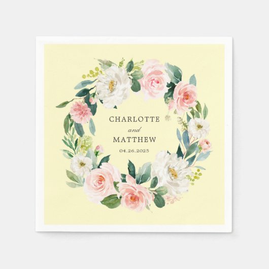 Serviette En Papier Couronne florale rose vif sur jaune (Devant)