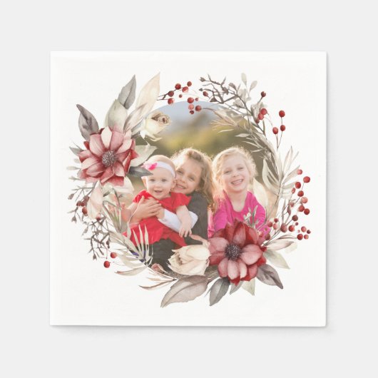Serviette En Papier Couronnes de Noël, fleurs rouges et baies (Devant)