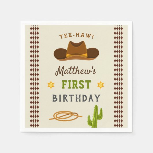 Serviette En Papier Cowboy Saloon Boy Wild West 1ère fête d'anniversai (Devant)