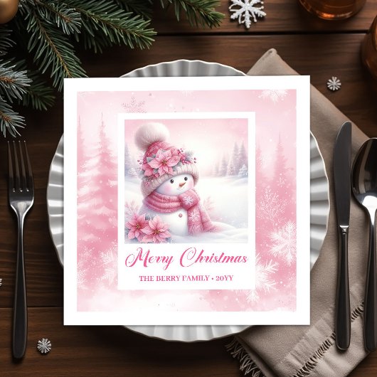 Serviette En Papier Cozy Pink Snowman Kids Pinkmas Winter Forest Scene