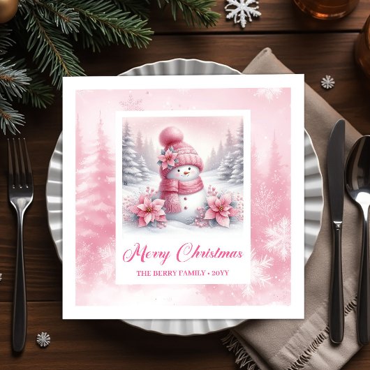 Serviette En Papier Cozy Pink Snowman Winter Forest Christmas Napkins 