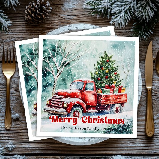 Serviette En Papier Cozy red truck Christmas scene rustic party napkin