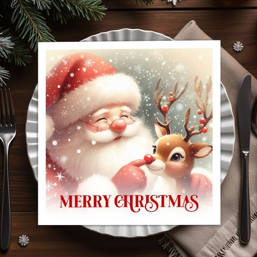 Serviette En Papier Cozy Santa Claus Rudolph Holiday Party Dinner Napk