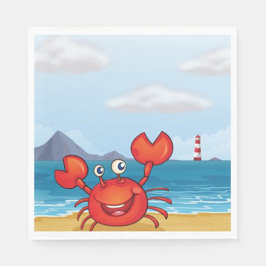Serviette En Papier Crabe Rouge Heureux Sur Une Plage (Devant)