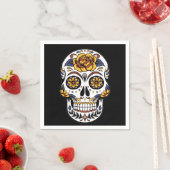 Serviette En Papier Crâne à sucre rose jaune sur noir (En situation)