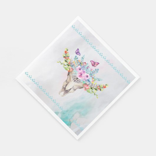 Serviette En Papier Crâne animal Boho avec papillons et fleurs (Coin)