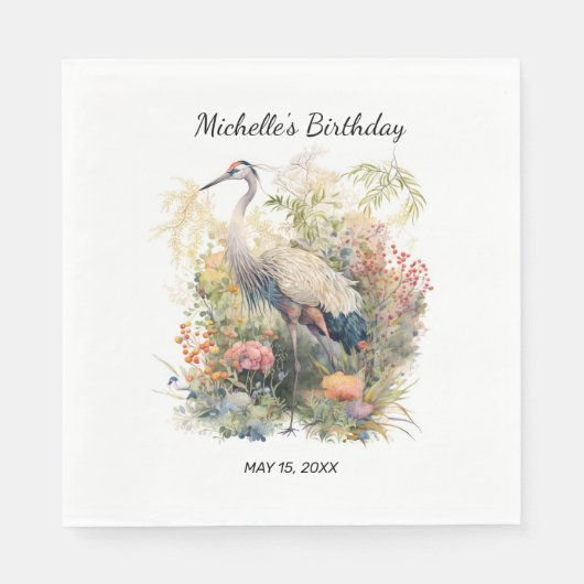 Serviette En Papier Crane Bird Feuilles Folid Floral Anniversaire (Devant)