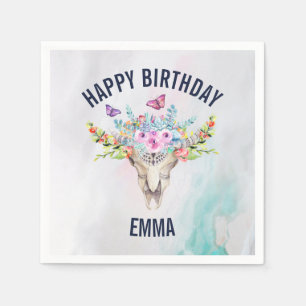 Serviette En Papier Crâne Boho avec papillons et fleurs Anniversaire
