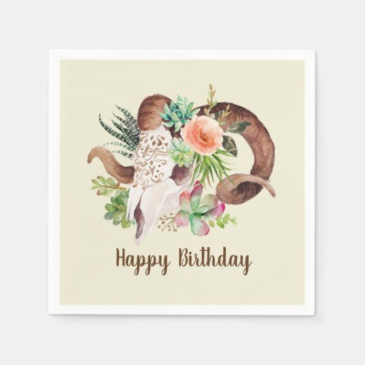 Serviette En Papier Crâne de bélier et succulents Anniversaire (Devant)