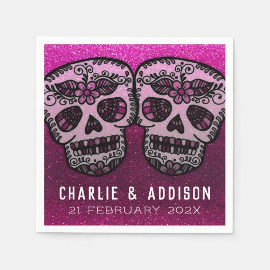 Serviette En Papier Crâne de sucre noir et blanc Paillettes métallisée (Devant)