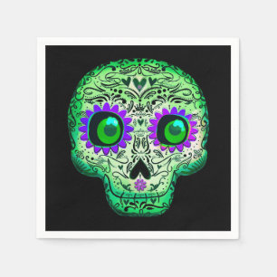 Serviette En Papier Crâne de sucre vert et violet brillant Halloween n