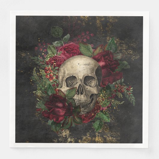 Serviette En Papier Crâne Gothique Et Rose (Devant)