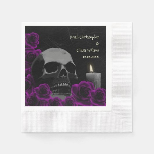 Serviette En Papier Crâne gothique et Rose violet Mariage Halloween (Devant)