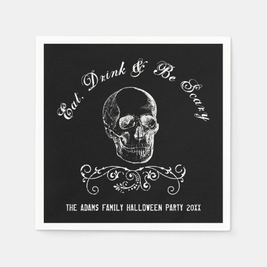 Serviette En Papier Crâne noir et blanc Personnalisé Halloween Party (Devant)