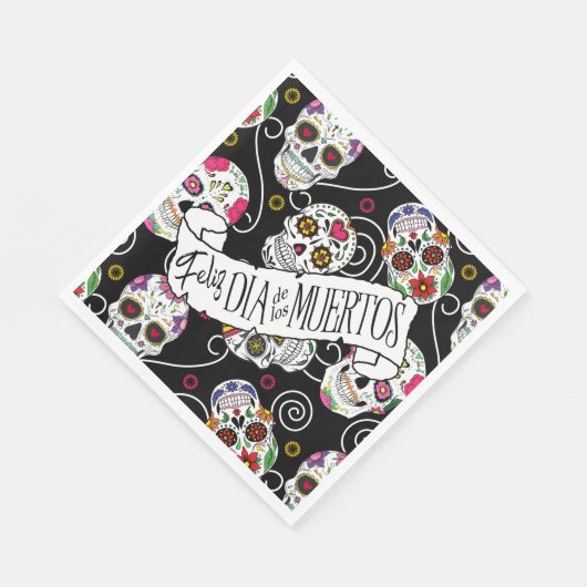 Serviette En Papier Crânes à sucre et tourbillons Rose noir ID725 (Coin)