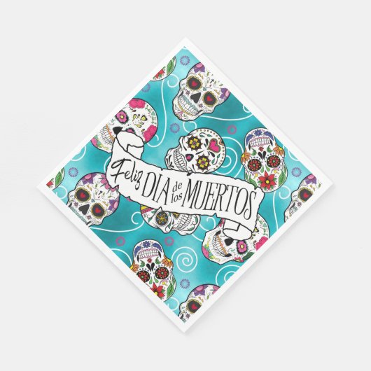 Serviette En Papier Crânes à sucre et tourbillons Rose Turquoise ID725 (Coin)