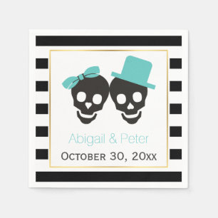 Serviette En Papier Crânes couple et rayures aqua Halloween mariage