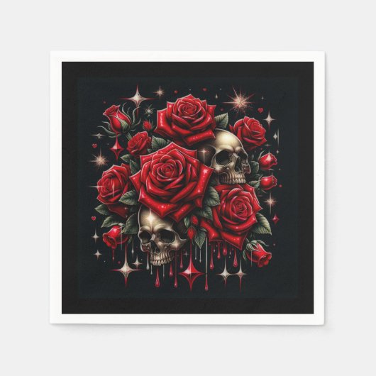 Serviette En Papier Crânes d'or et roses rouges étincelante gothique (Devant)