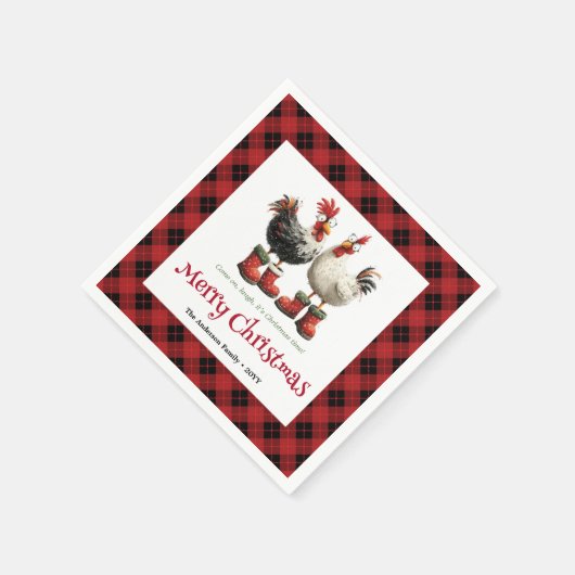 Serviette En Papier Crazy Christmas chickens napkin editable name set (Coin)