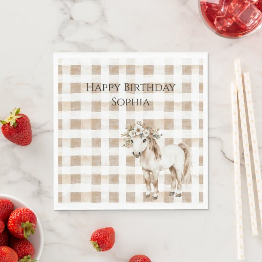 Serviette En Papier Cream White Plaid Stripes Horse Birthday (En situation)
