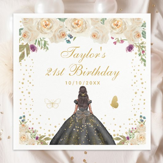 Serviette En Papier Crème Floral Peau foncée Fille Anniversaire