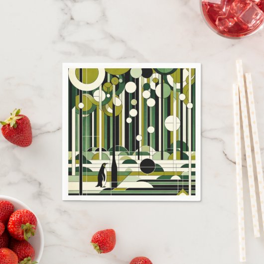 Serviette En Papier Crème vert olive Géométrique Forêt de pingouins Ré (En situation)