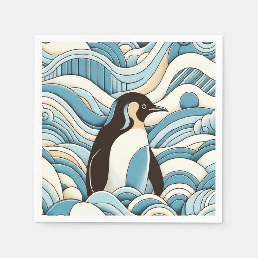 Serviette En Papier Crêpe Bleue Ciel Vagues Océaniques Et Pingouin Cut (Devant)