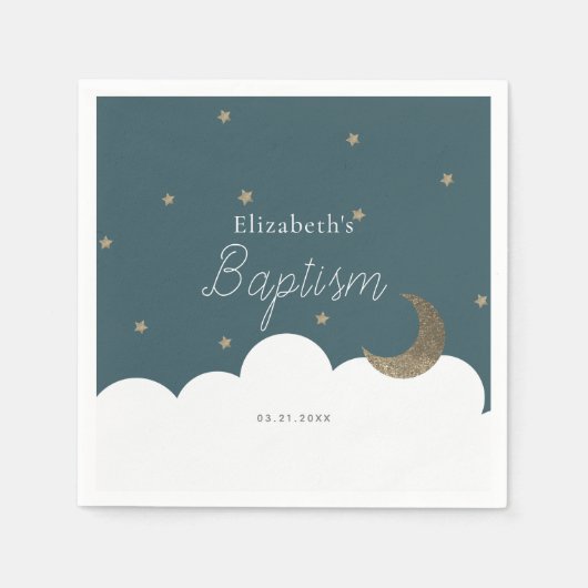 Serviette En Papier Crescent Lune & Étoiles Marine Baptême bleu Naples (Devant)