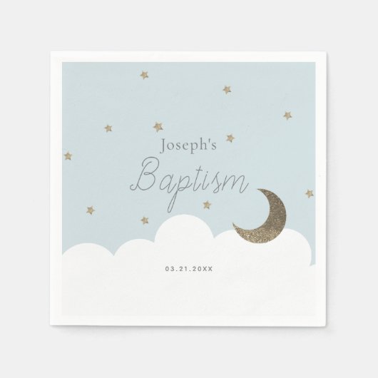 Serviette En Papier Crescent Moon & Stars Light Blue Boy Baptême (Devant)